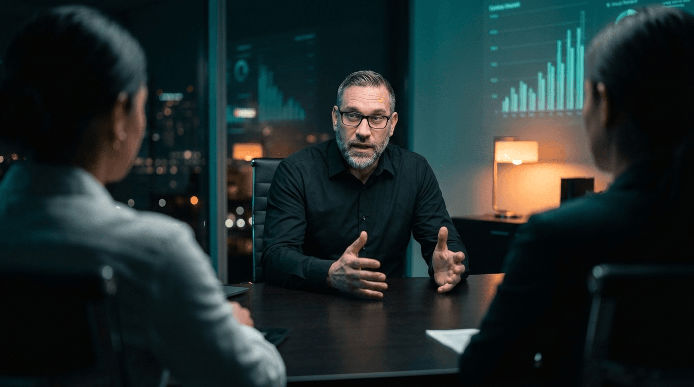Jason Appleton leading a meeting at a conference table