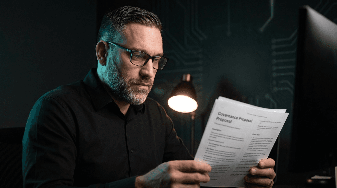 Jason Appleton reading a governance proposal document at his desk
